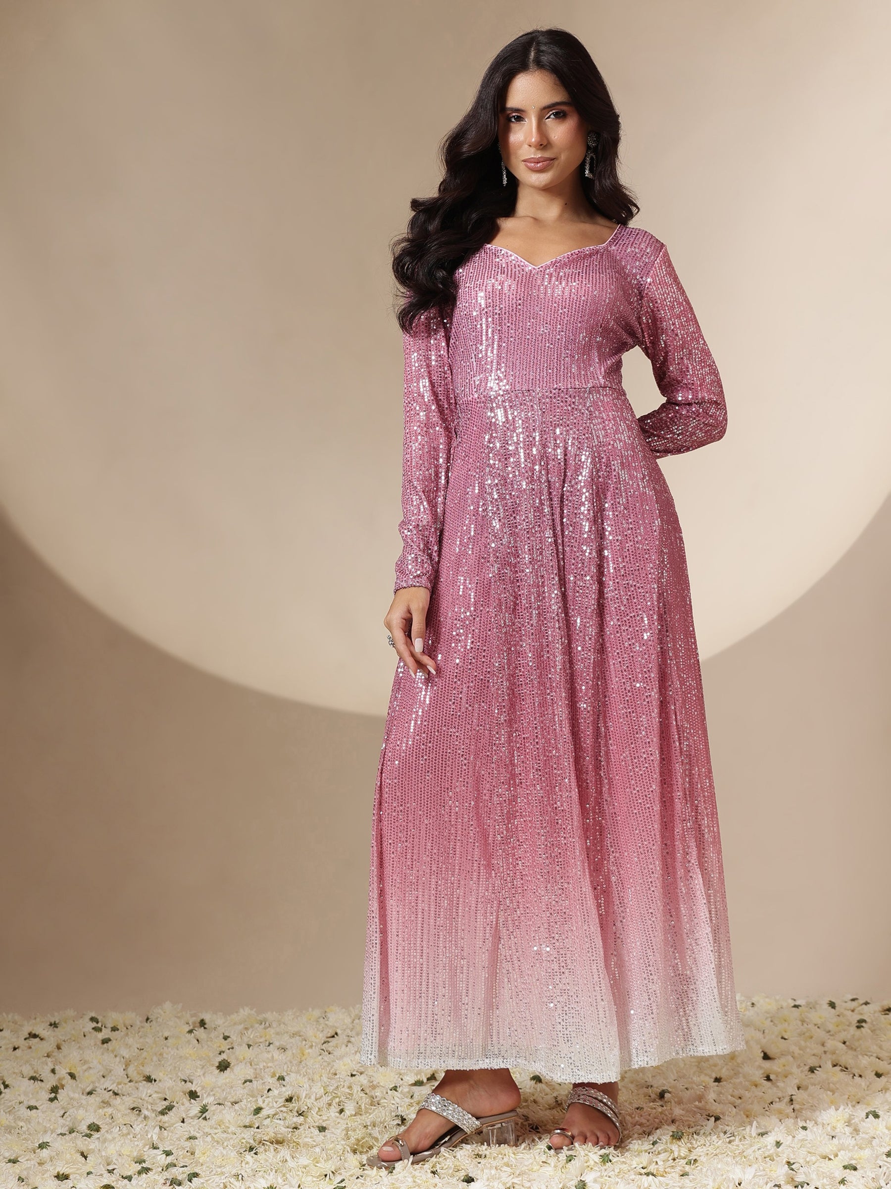 Women Pink Ombre Sequin Sweetheart Neck Anarkali Kurta