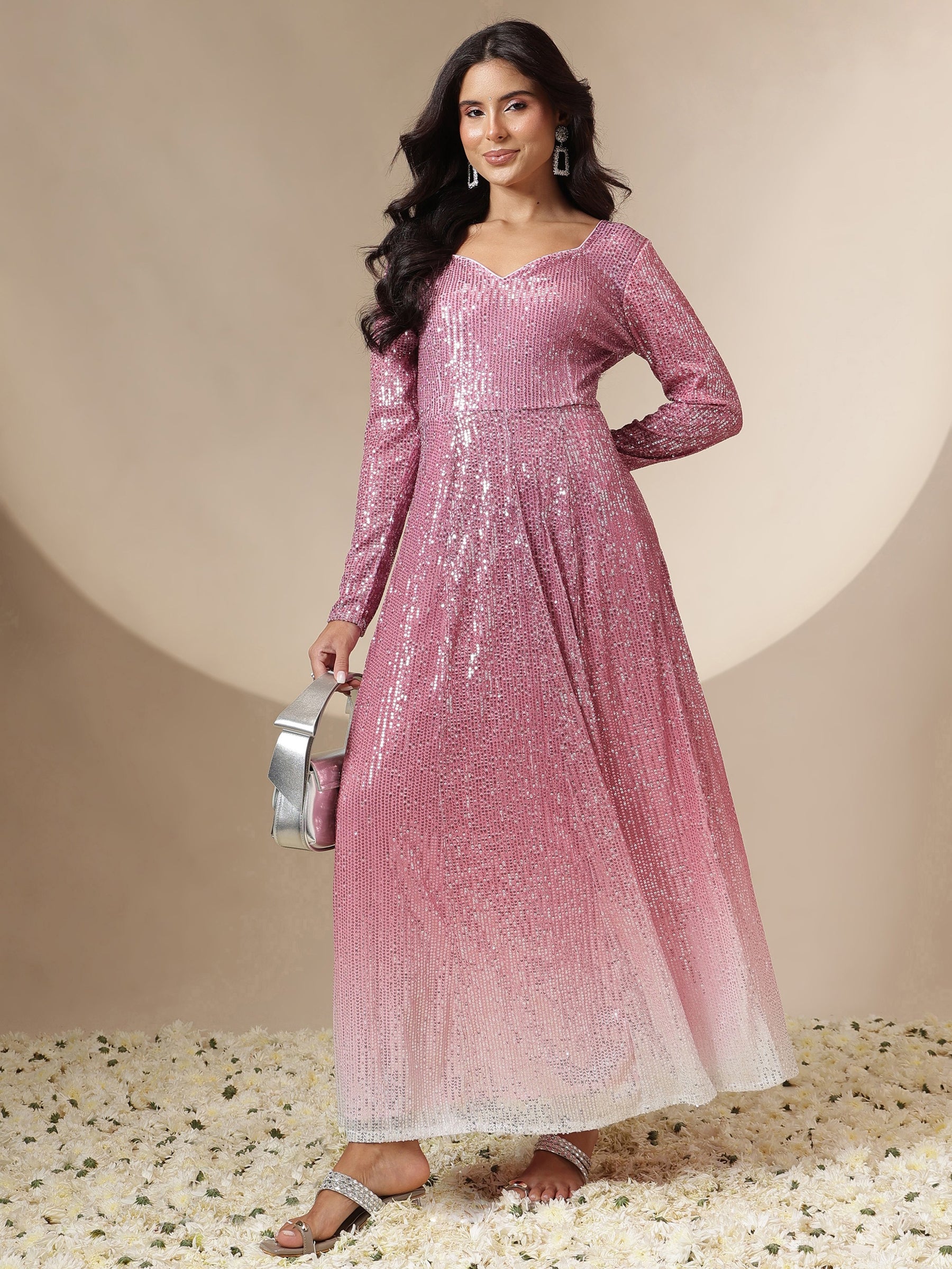 Women Pink Ombre Sequin Sweetheart Neck Anarkali Kurta