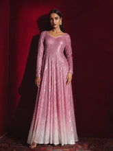 Pink Ombre Sequin Sweetheart Neck Anarkali Kurta-Shae by SASSAFRAS