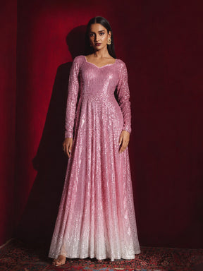 Pink Ombre Sequin Sweetheart Neck Anarkali Kurta-Shae by SASSAFRAS