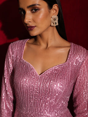 Pink Ombre Sequin Sweetheart Neck Anarkali Kurta-Shae by SASSAFRAS