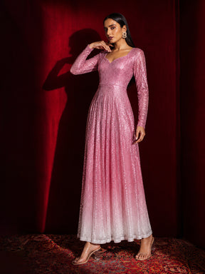Pink Ombre Sequin Sweetheart Neck Anarkali Kurta-Shae by SASSAFRAS