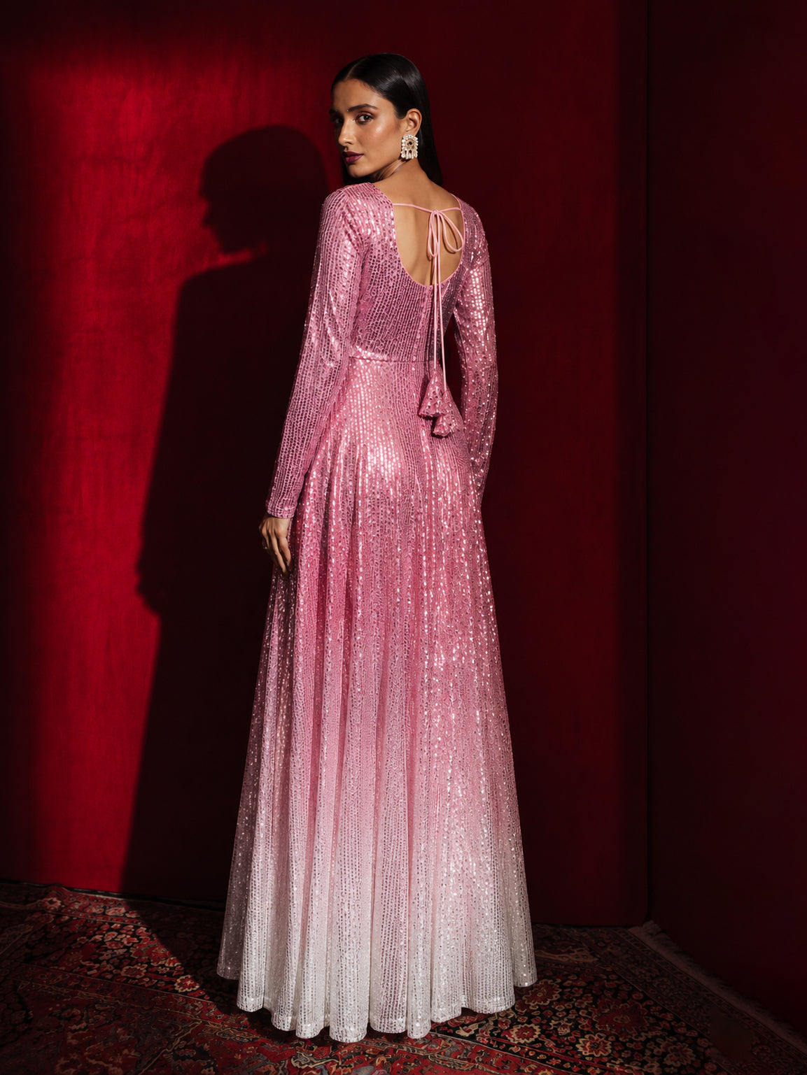 Pink Ombre Sequin Sweetheart Neck Anarkali Kurta-Shae by SASSAFRAS