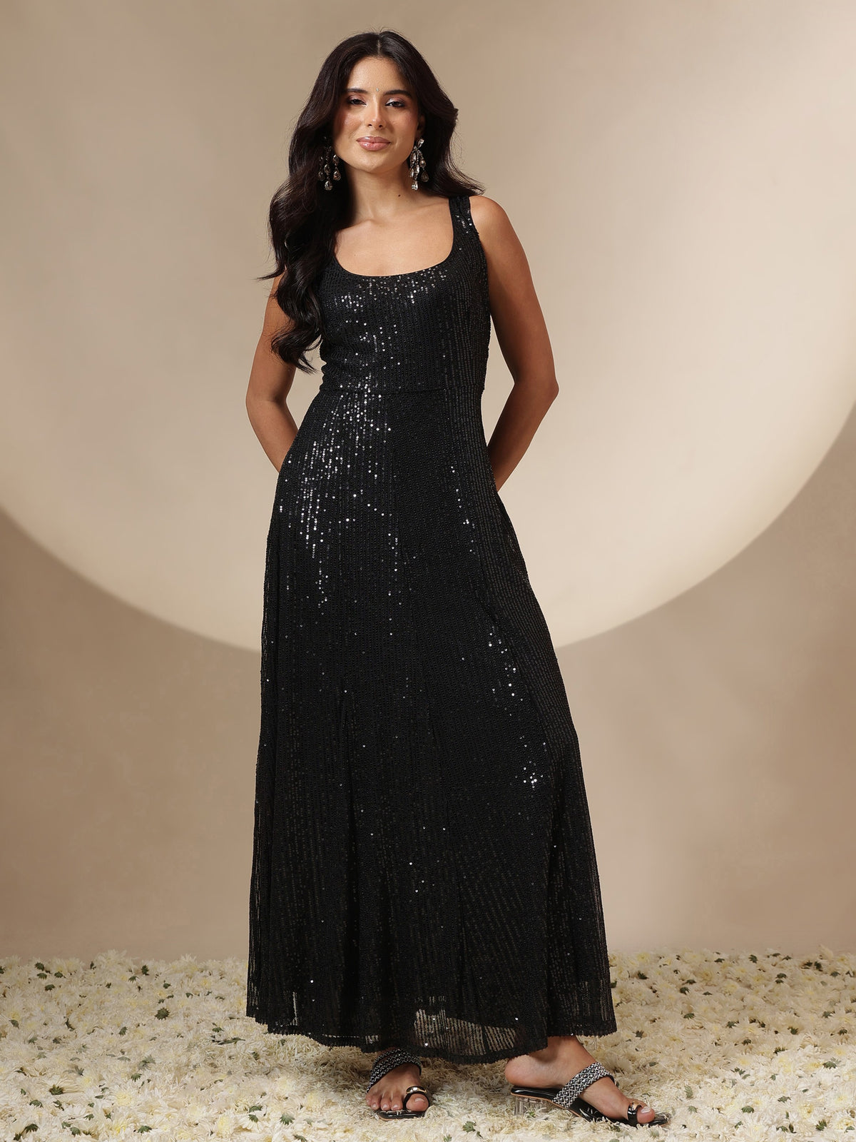 Black Sequin Sleeveless Anarkali Kurta-Shae by SASSAFRAS