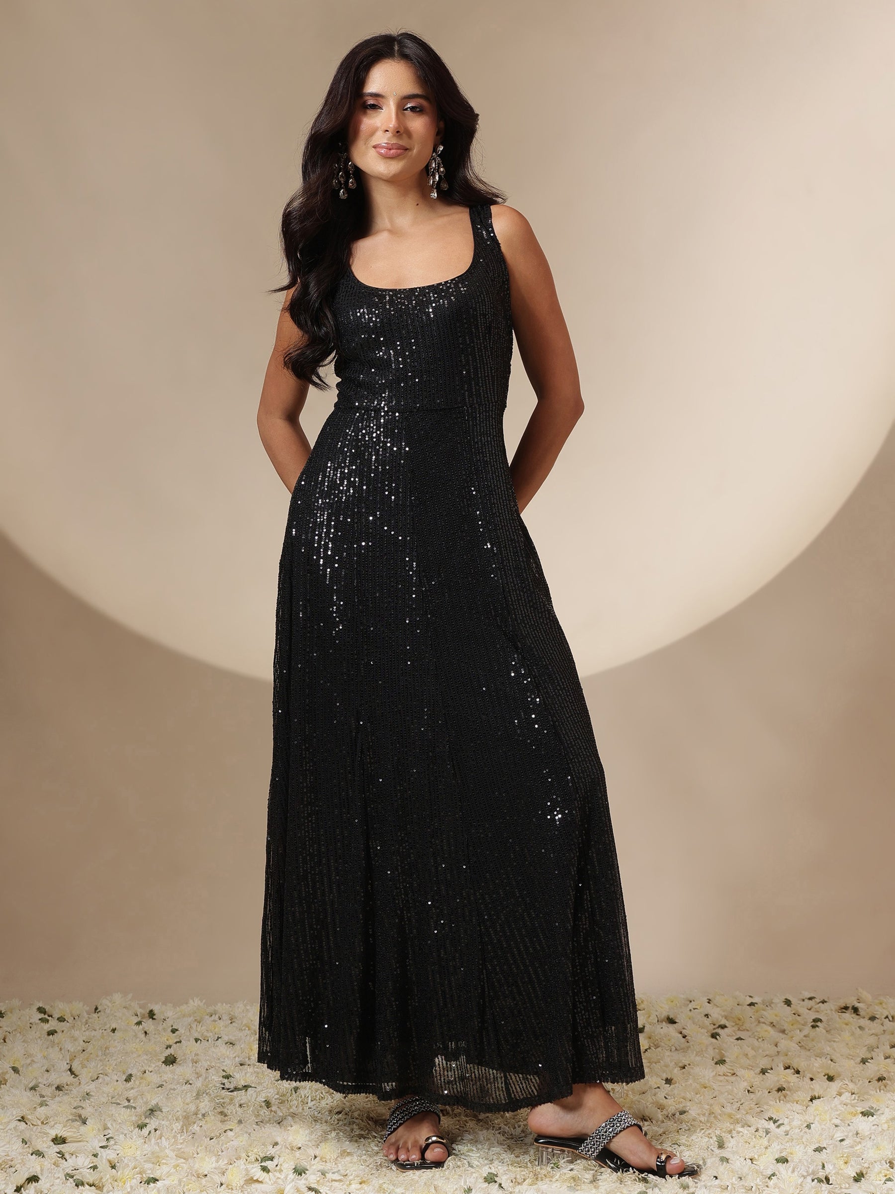 Black Sequin Sleeveless Anarkali Kurta-Shae by SASSAFRAS