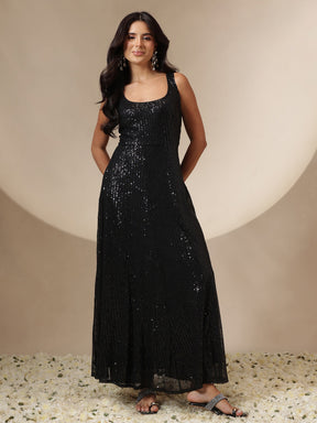 Black Sequin Sleeveless Anarkali Kurta-Shae by SASSAFRAS