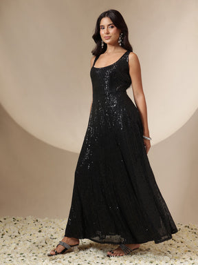 Black Sequin Sleeveless Anarkali Kurta-Shae by SASSAFRAS
