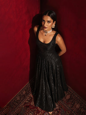Black Sequin Sleeveless Anarkali Kurta-Shae by SASSAFRAS