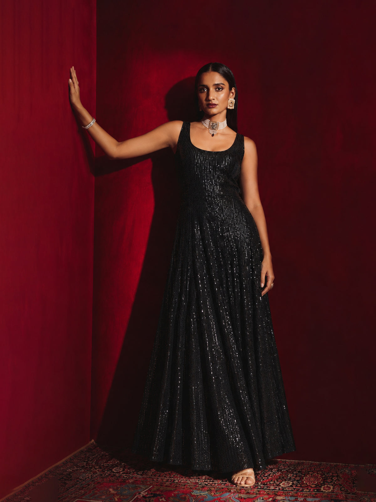 Black Sequin Sleeveless Anarkali Kurta-Shae by SASSAFRAS