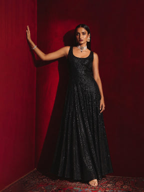 Black Sequin Sleeveless Anarkali Kurta-Shae by SASSAFRAS