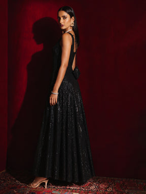 Black Sequin Sleeveless Anarkali Kurta-Shae by SASSAFRAS
