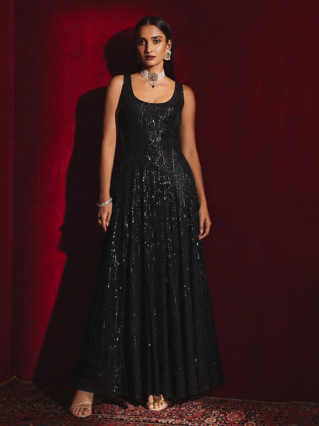 Women Black Sequin Sleeveless Anarkali Kurta