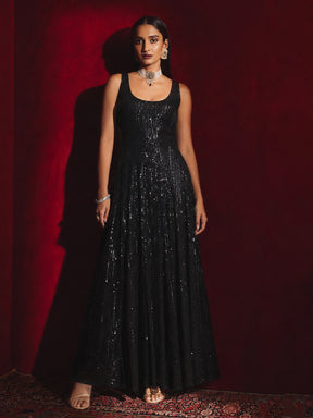 Women Black Sequin Sleeveless Anarkali Kurta