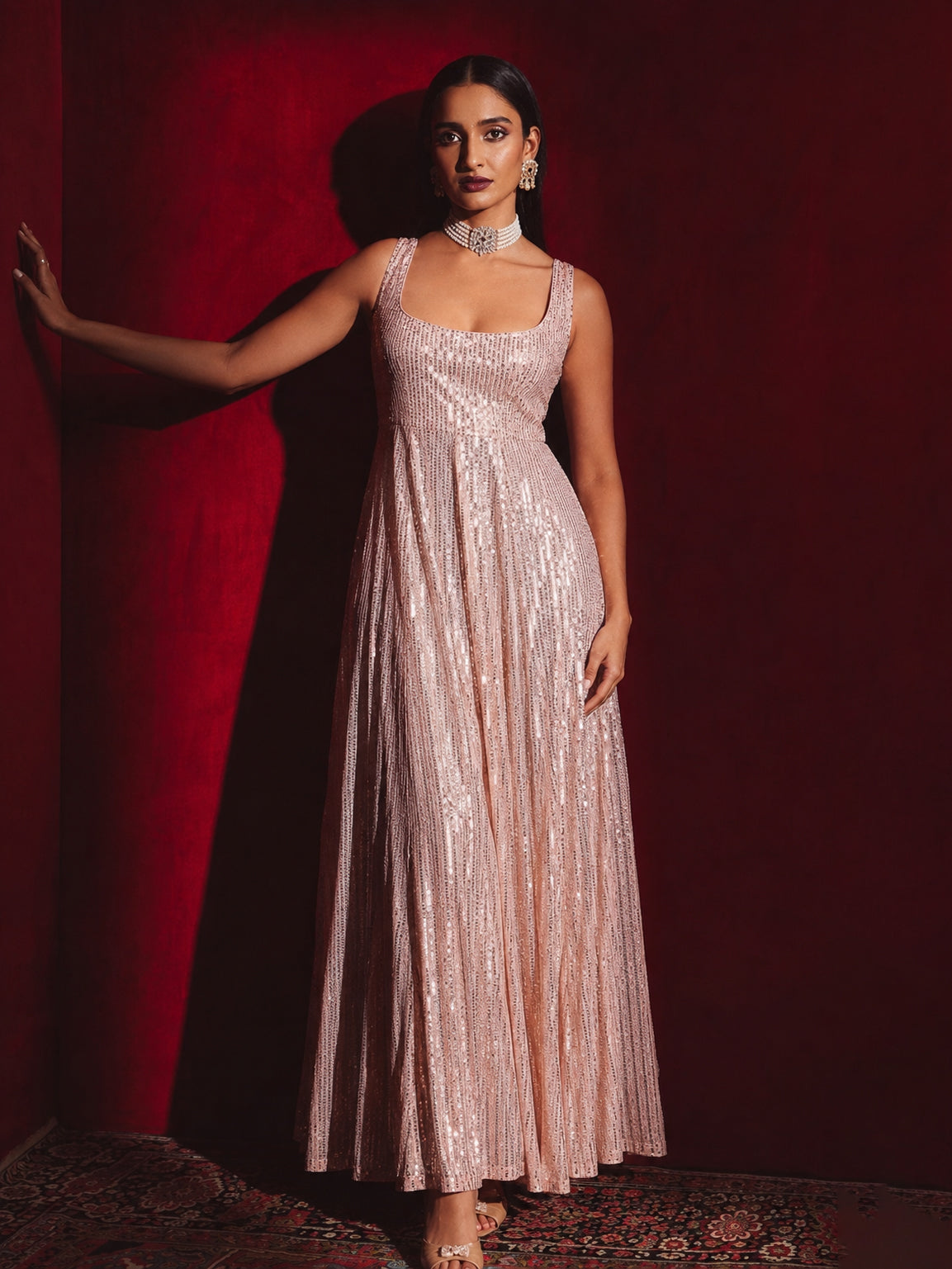 Pink Sequin Sleeveless Anarkali Kurta-Shae by SASSAFRAS