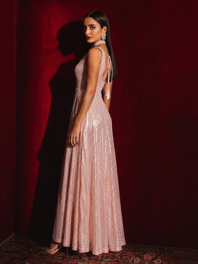 Pink Sequin Sleeveless Anarkali Kurta-Shae by SASSAFRAS
