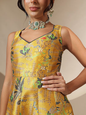 Mustard Floral Sleeveless Anarkali Kurta-Shae by SASSAFRAS