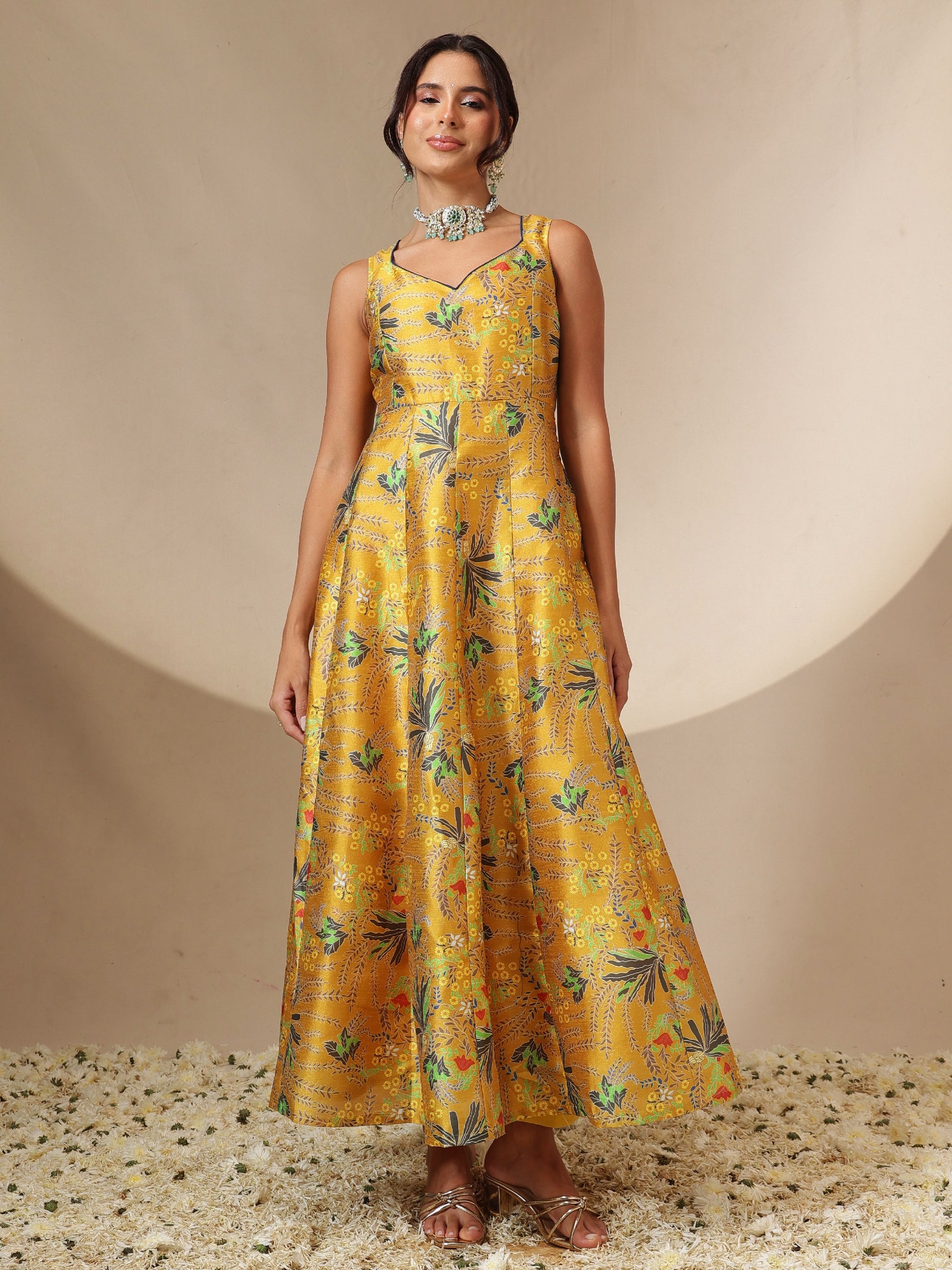 Women Mustard Floral Sleeveless Anarkali Kurta