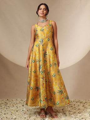 Women Mustard Floral Sleeveless Anarkali Kurta