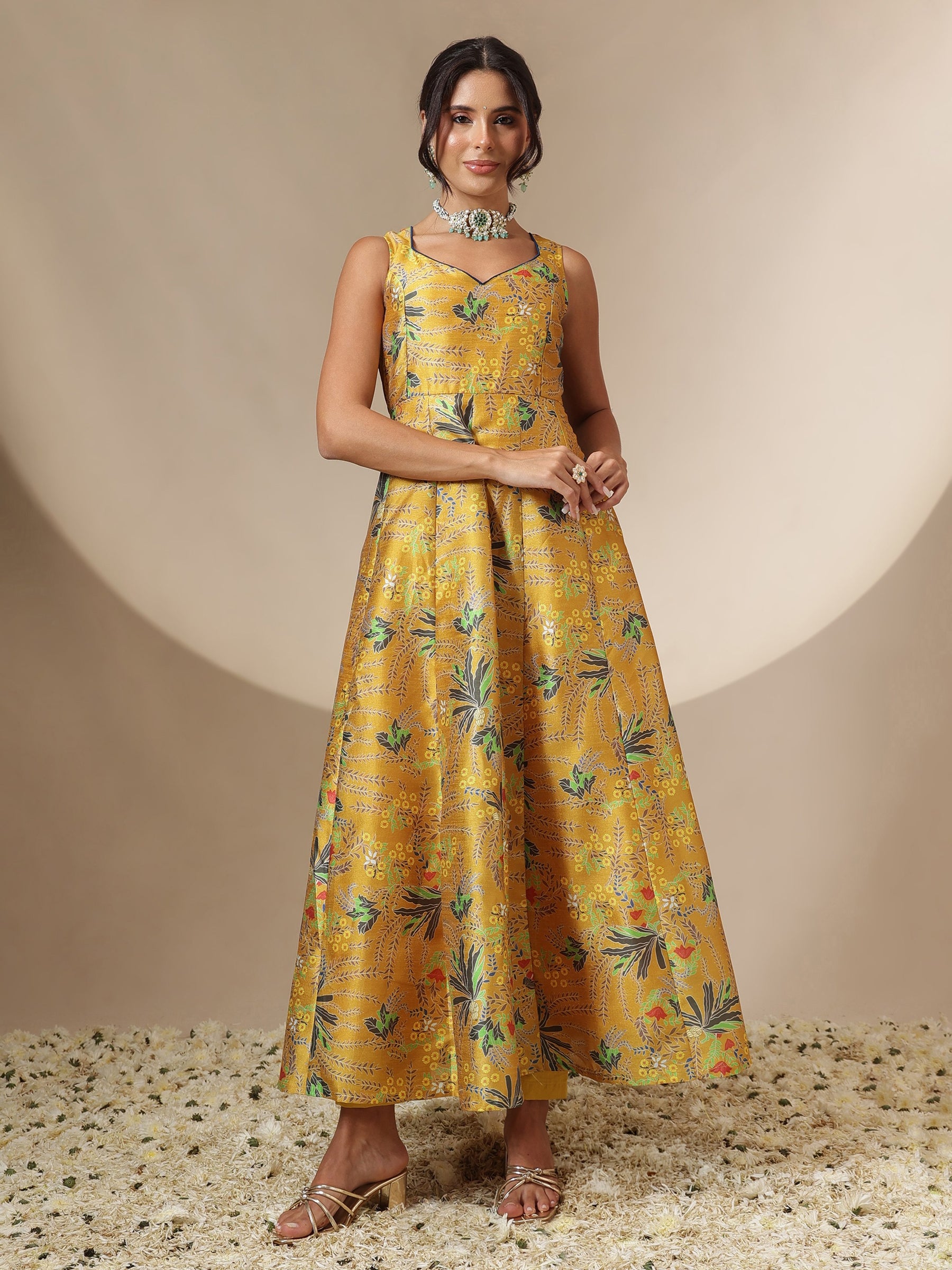 Women Mustard Floral Sleeveless Anarkali Kurta