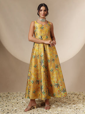 Women Mustard Floral Sleeveless Anarkali Kurta