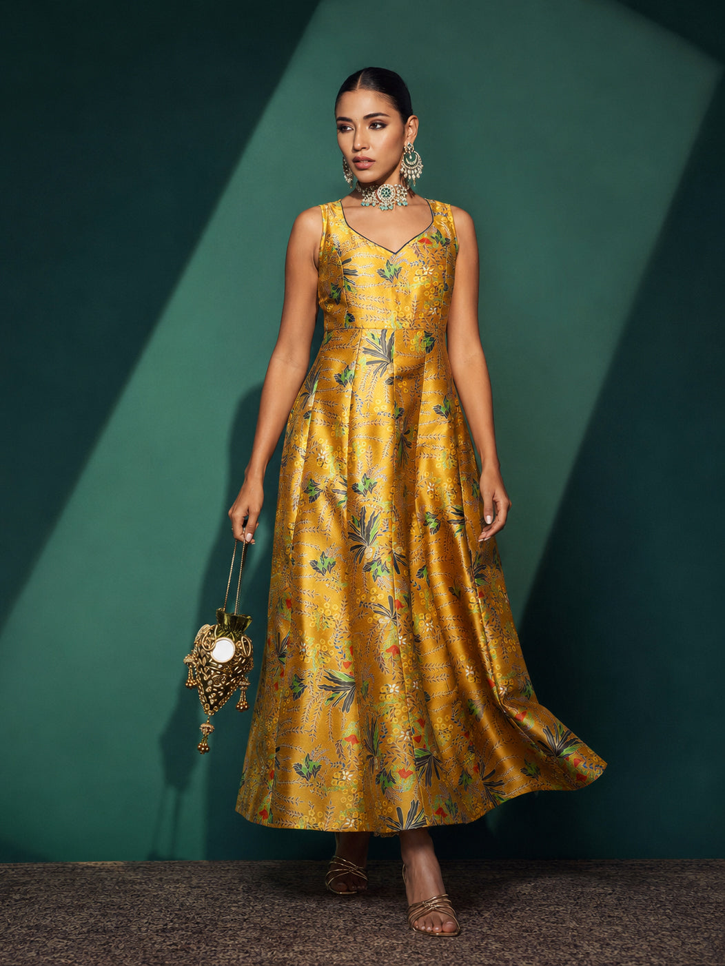 Mustard Floral Sleeveless Anarkali Kurta-Shae by SASSAFRAS