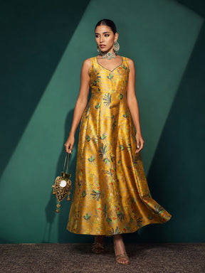 Mustard Floral Sleeveless Anarkali Kurta-Shae by SASSAFRAS
