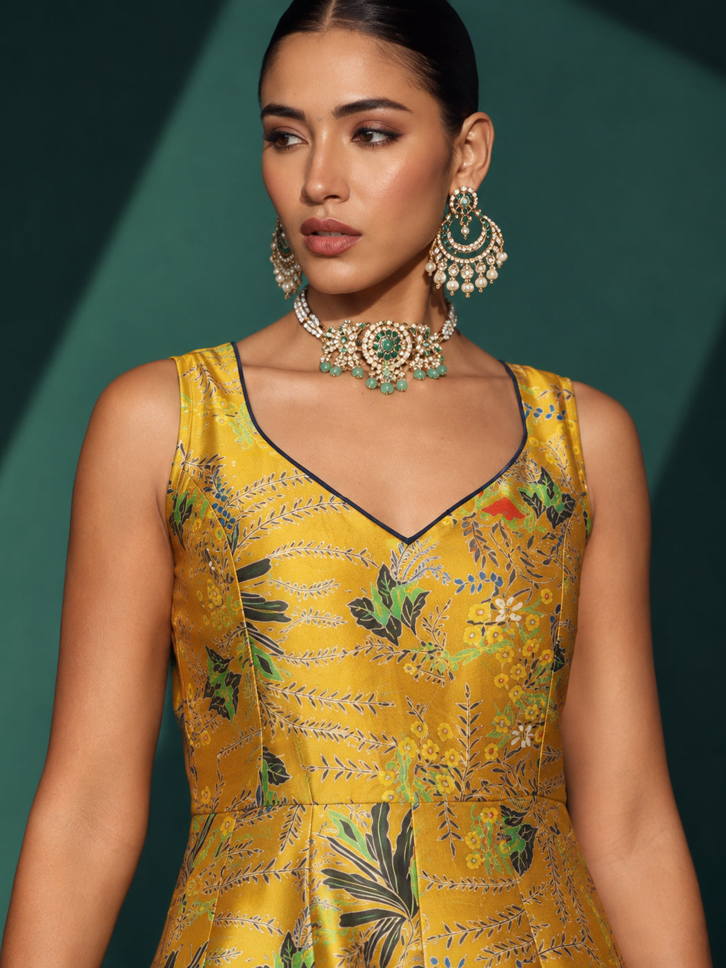 Mustard Floral Sleeveless Anarkali Kurta-Shae by SASSAFRAS