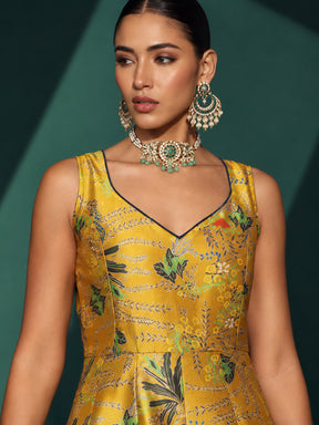 Mustard Floral Sleeveless Anarkali Kurta-Shae by SASSAFRAS