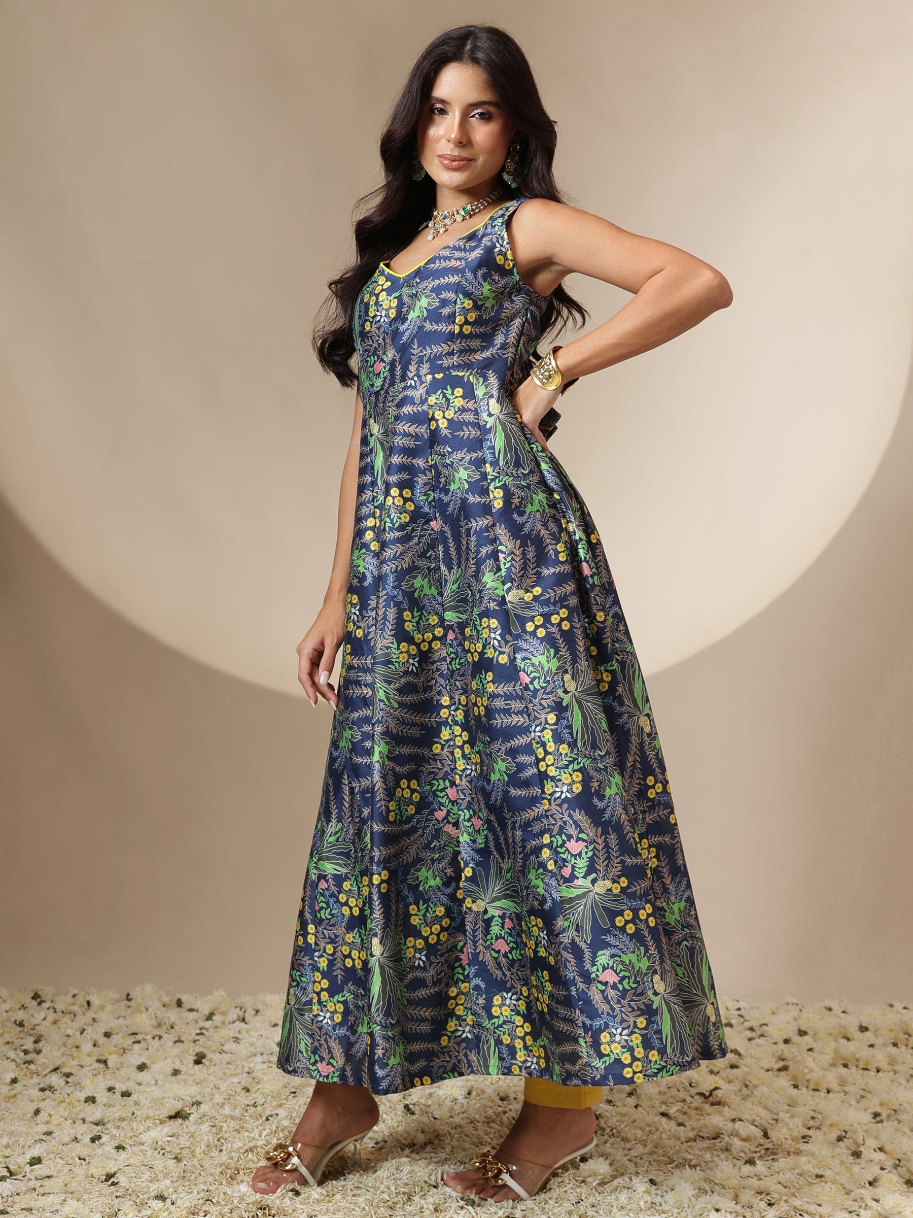 Navy Floral Sleeveless Anarkali Kurta-Shae by SASSAFRAS