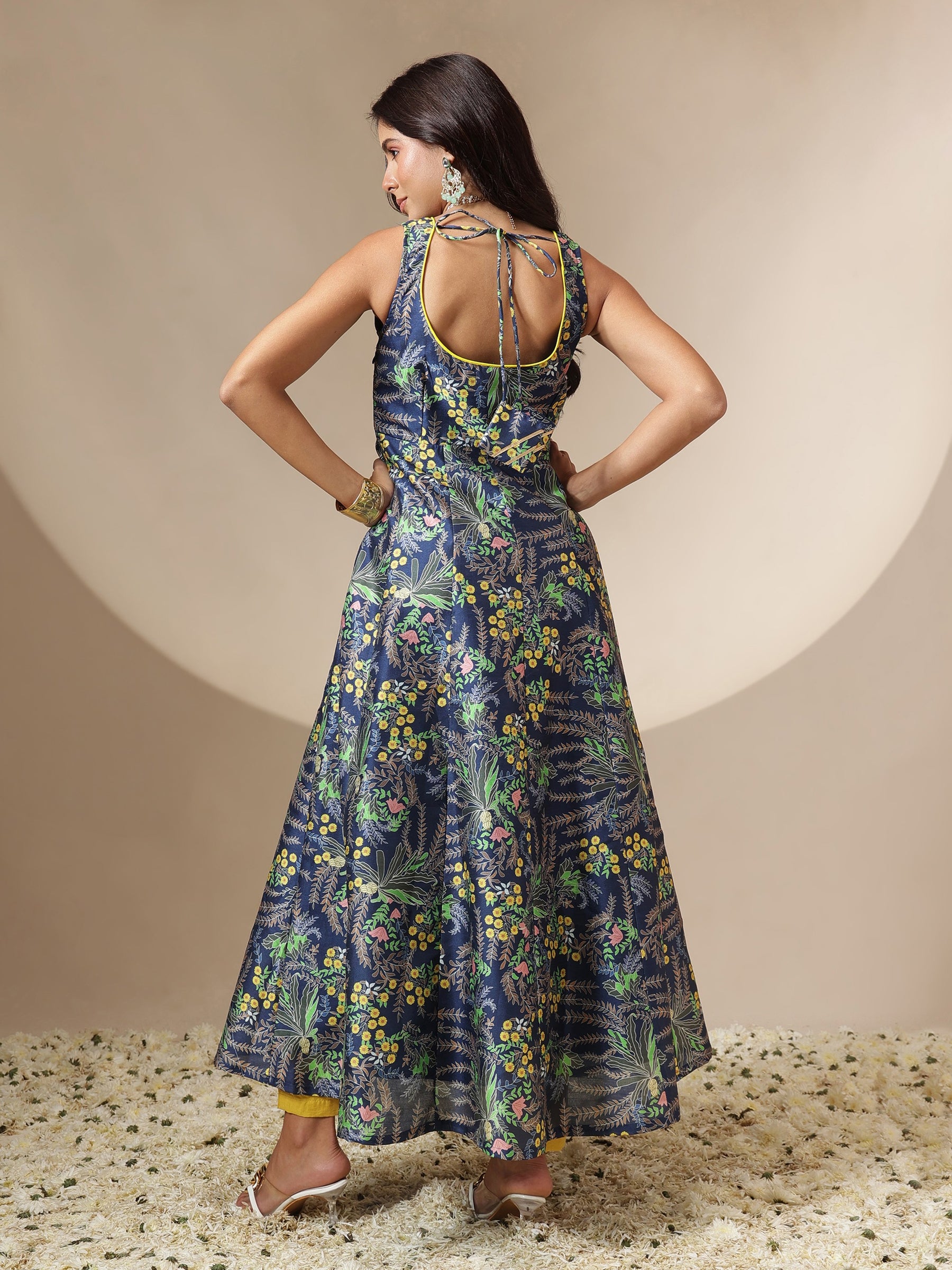 Navy Floral Sleeveless Anarkali Kurta-Shae by SASSAFRAS