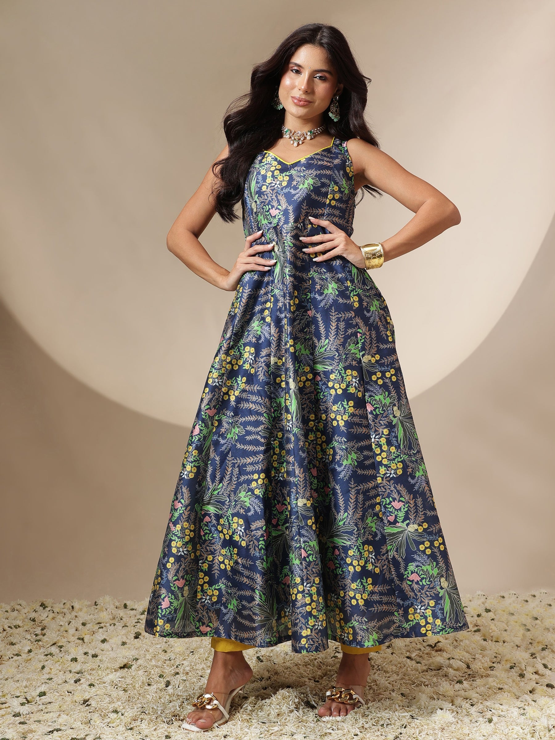 Women Navy Floral Sleeveless Anarkali Kurta