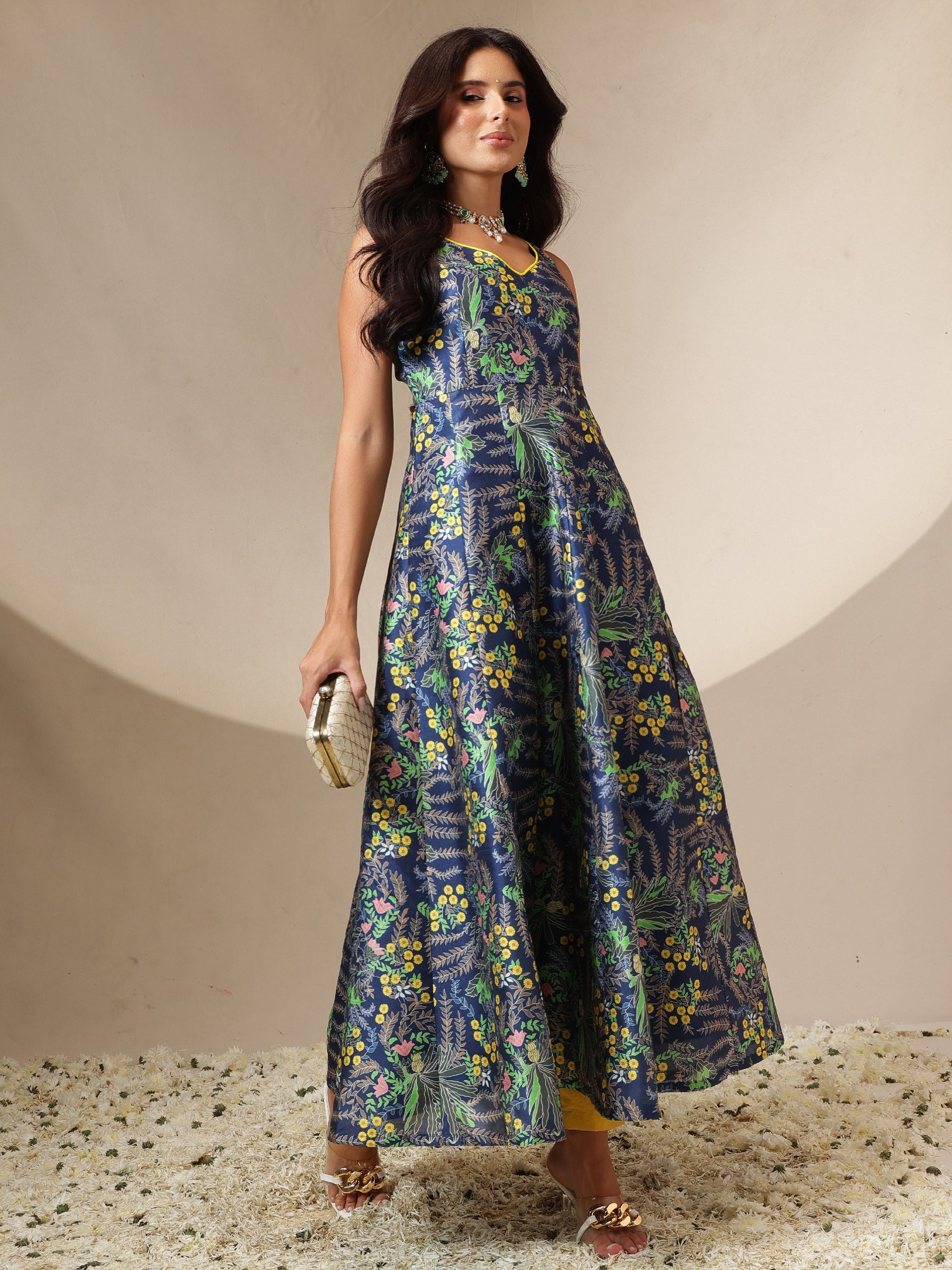 Women Navy Floral Sleeveless Anarkali Kurta