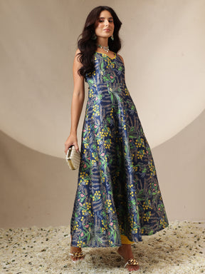 Women Navy Floral Sleeveless Anarkali Kurta
