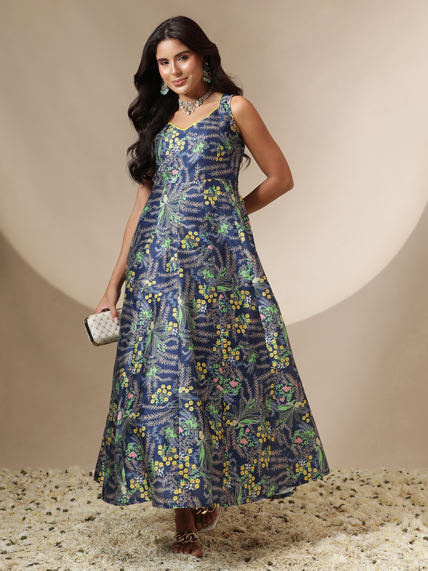 Women Navy Floral Sleeveless Anarkali Kurta