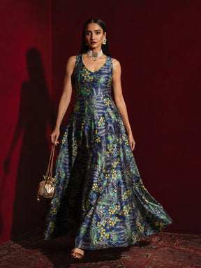 Navy Floral Sleeveless Anarkali Kurta-Shae by SASSAFRAS