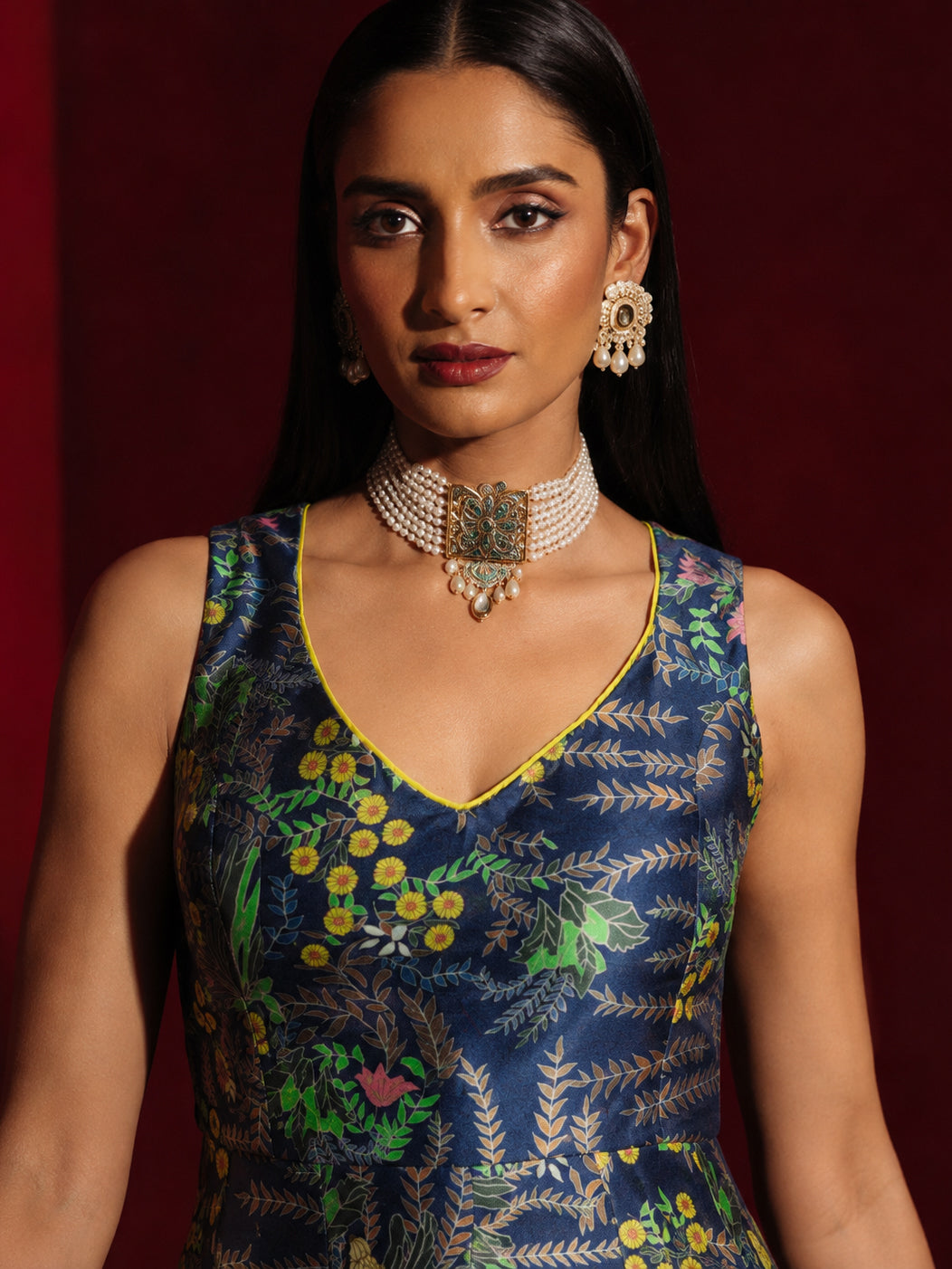 Navy Floral Sleeveless Anarkali Kurta-Shae by SASSAFRAS