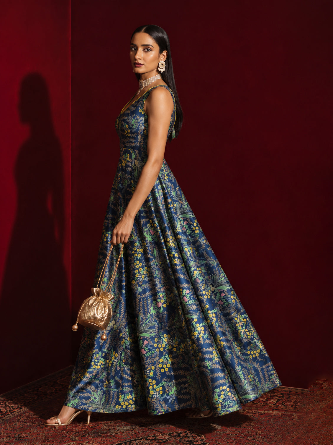 Navy Floral Sleeveless Anarkali Kurta-Shae by SASSAFRAS