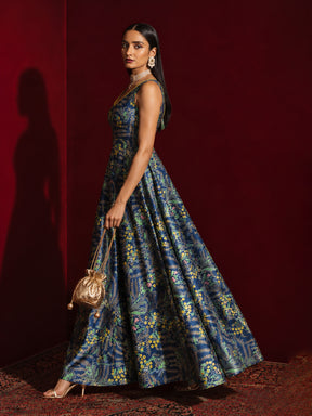 Navy Floral Sleeveless Anarkali Kurta-Shae by SASSAFRAS