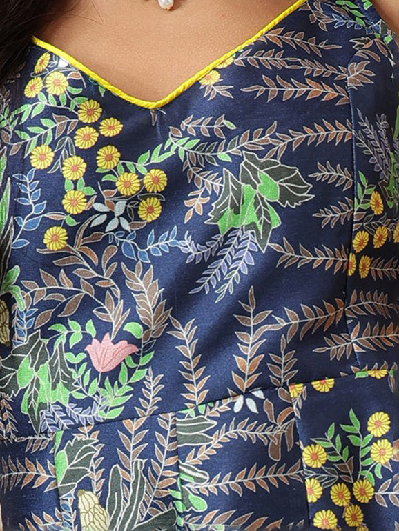 Navy Floral Sleeveless Anarkali Kurta-Shae by SASSAFRAS
