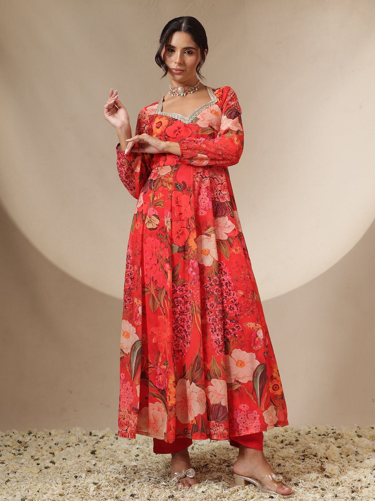 Red Floral Sweetheart Neck Anarkali Kurta -Shae by SASSAFRAS