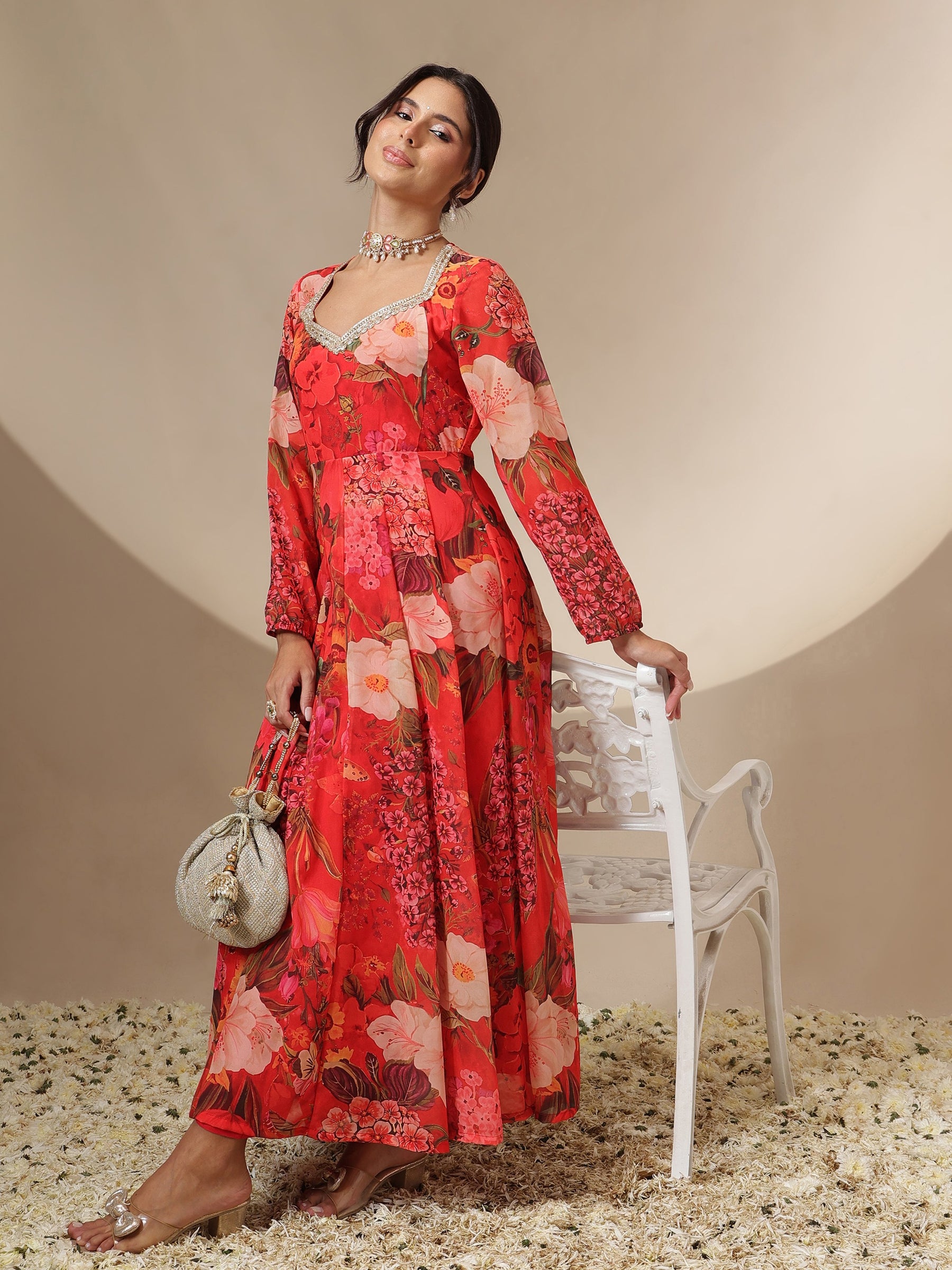 Red Floral Sweetheart Neck Anarkali Kurta -Shae by SASSAFRAS