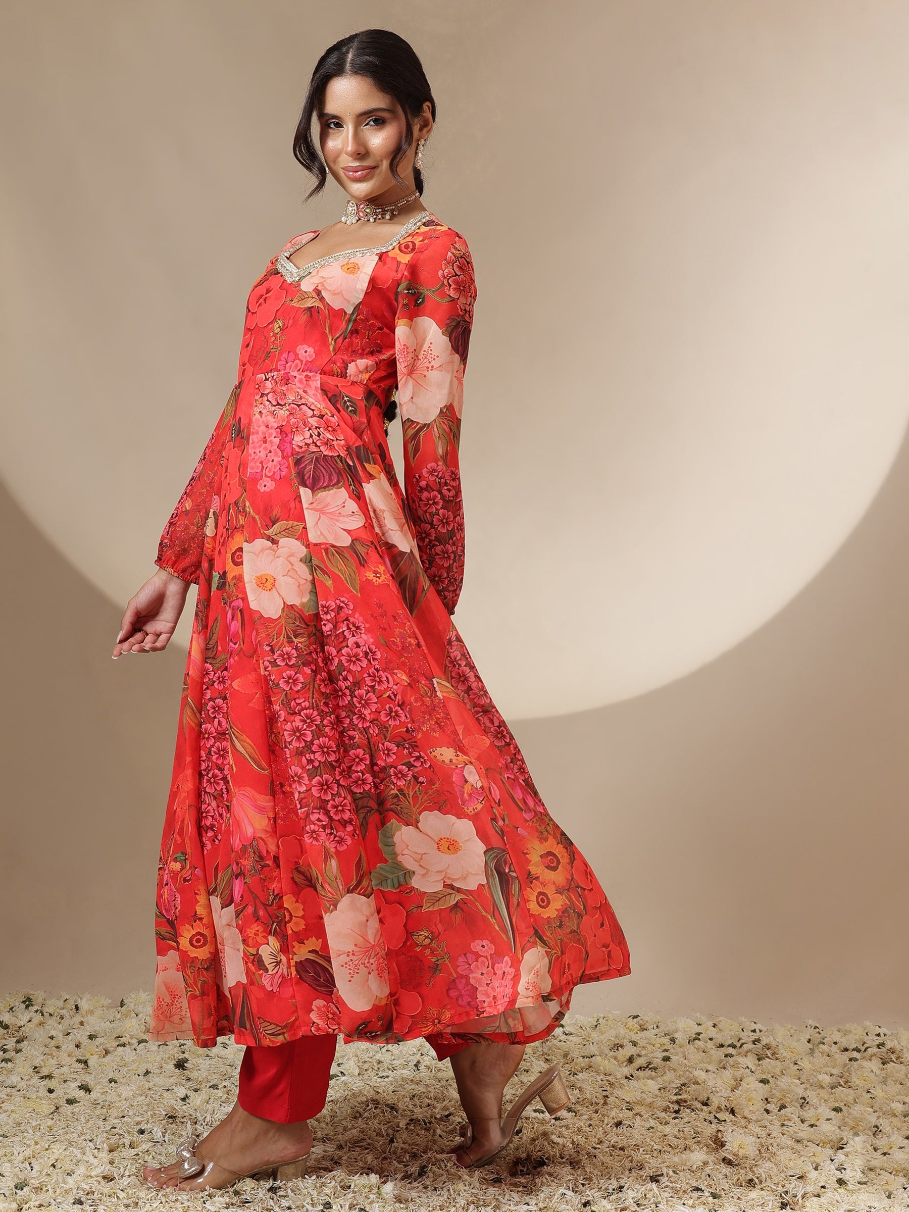 Red Floral Sweetheart Neck Anarkali Kurta -Shae by SASSAFRAS