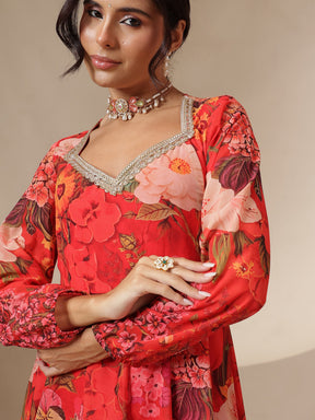 Red Floral Sweetheart Neck Anarkali Kurta -Shae by SASSAFRAS