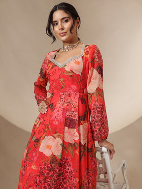 Women Red Floral Sweetheart Neck Anarkali Kurta