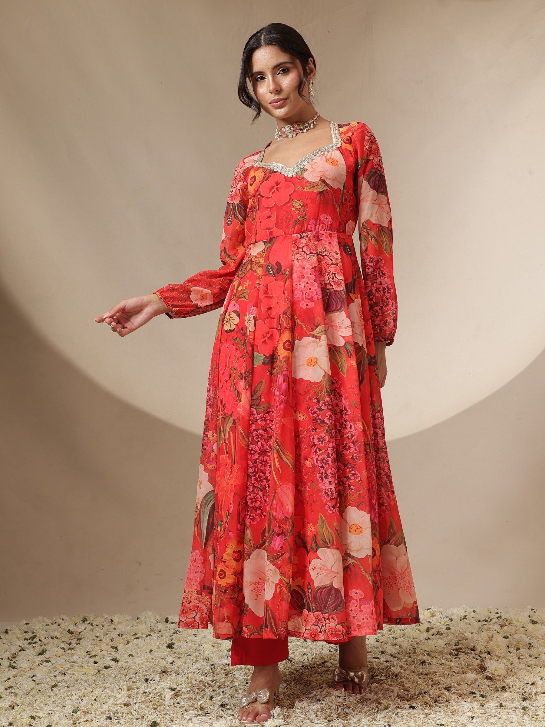 Women Red Floral Sweetheart Neck Anarkali Kurta