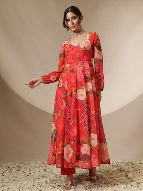 Women Red Floral Sweetheart Neck Anarkali Kurta