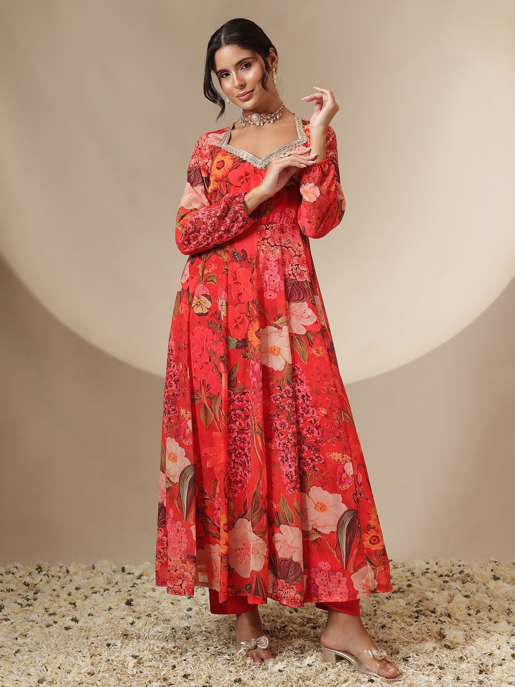Women Red Floral Sweetheart Neck Anarkali Kurta