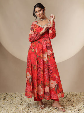 Women Red Floral Sweetheart Neck Anarkali Kurta