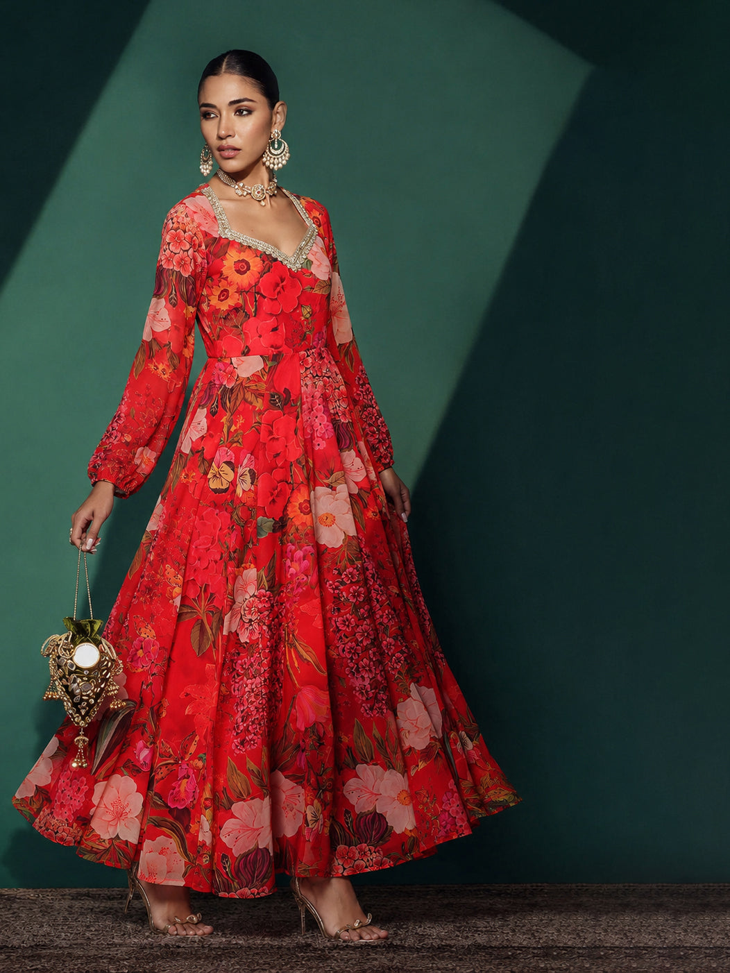 Red Floral Sweetheart Neck Anarkali Kurta -Shae by SASSAFRAS