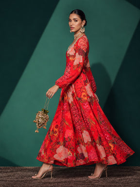 Red Floral Sweetheart Neck Anarkali Kurta -Shae by SASSAFRAS
